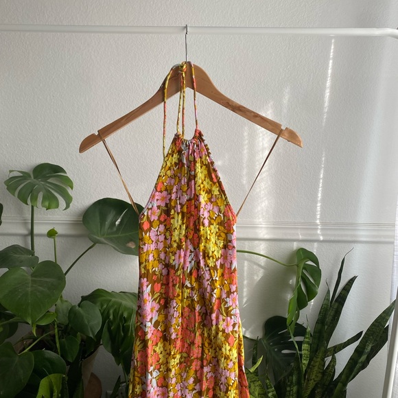 Billabong Retro Romance Halter Maxi Dress Small Moss Pink Mod 70s Floral - Picture 6 of 7